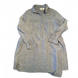 100% Linen blue chambray Button-Up Collared Dress L